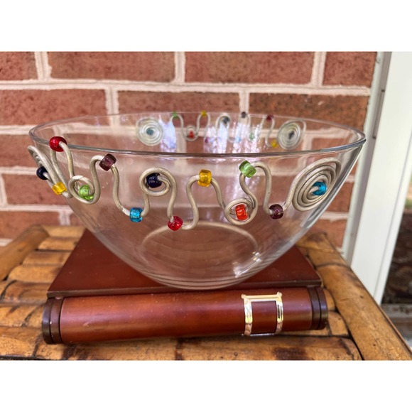 Vintage Adcraft Glass Bowl w/ Applied Stainless Steel Wire Wrapped Beads Boho - Picture 1 of 7